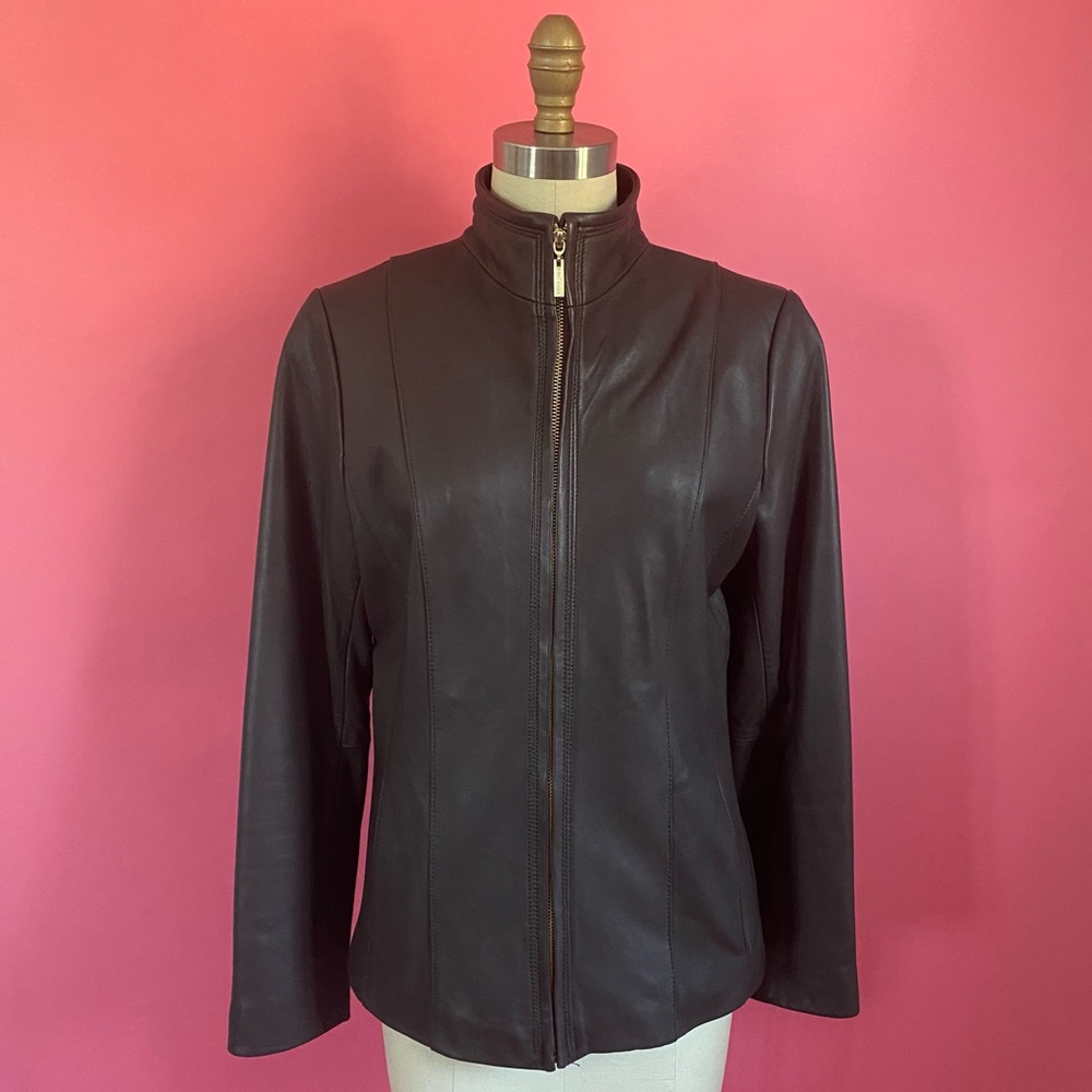 Vintage Y2K Cole Haan Leather Cherry Girl Wing Collar Sexy Zip Up Moto Jacket M